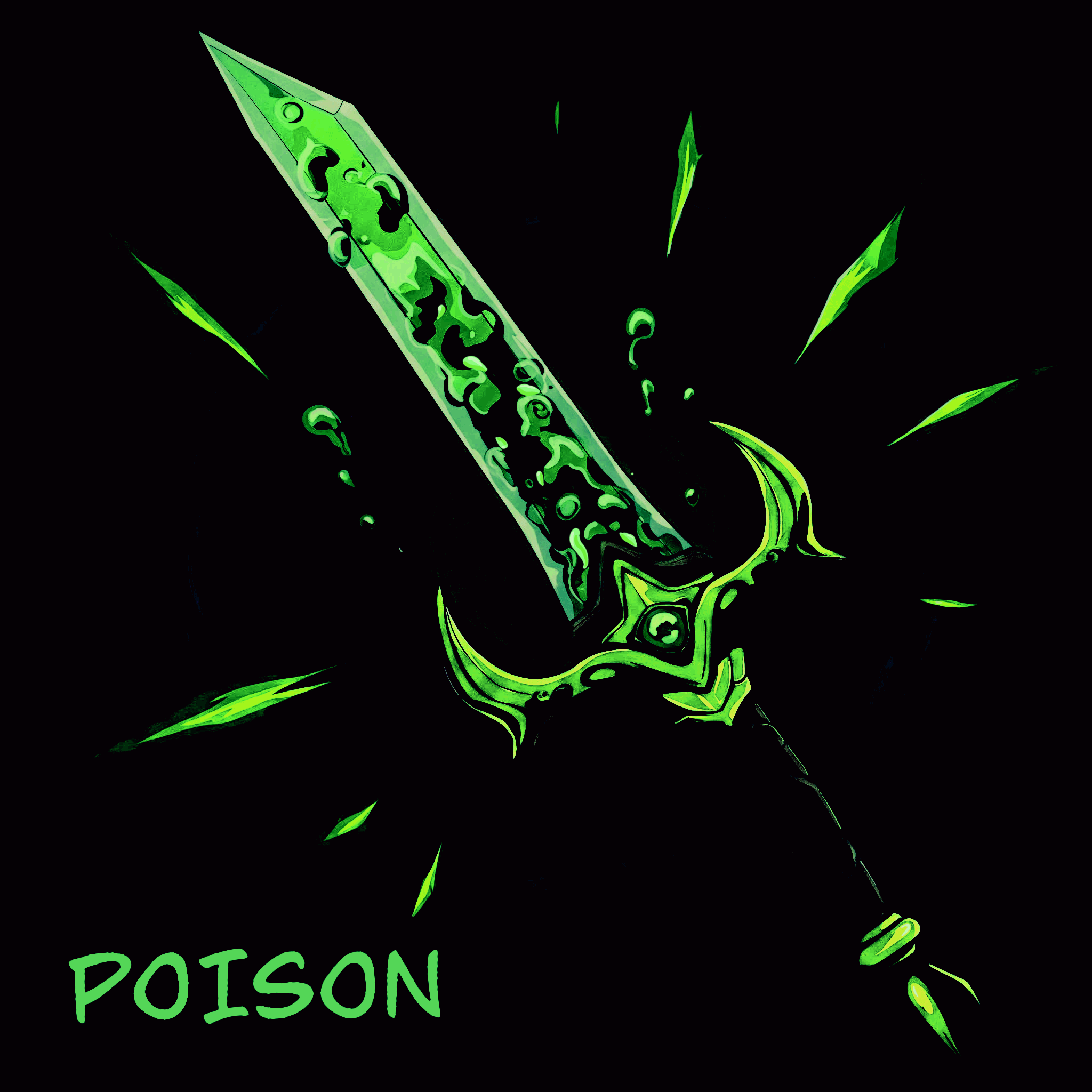 A digital illustration of a sword made of green toxic liquid with glowing accents, surrounded by green shards, with the word 'POISON' written at the bottom.