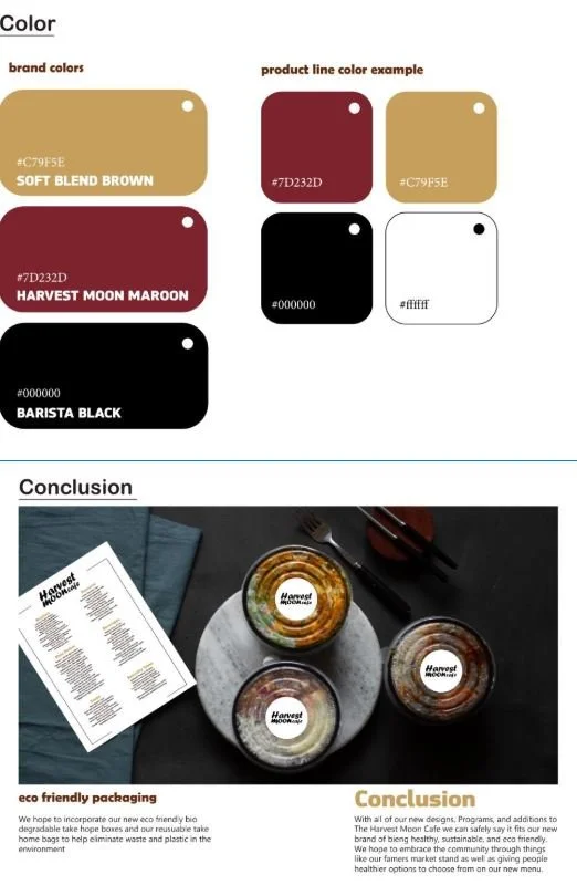 Color palette showing brand and product line colors including soft blend brown, harvest moon maroon, barista black, and a beige shade, paired with black and white for contrast. Photographic examples of glass jars with labels displaying Harvest Moon branding, placed on a marble and dark surface with a menu and utensils nearby.