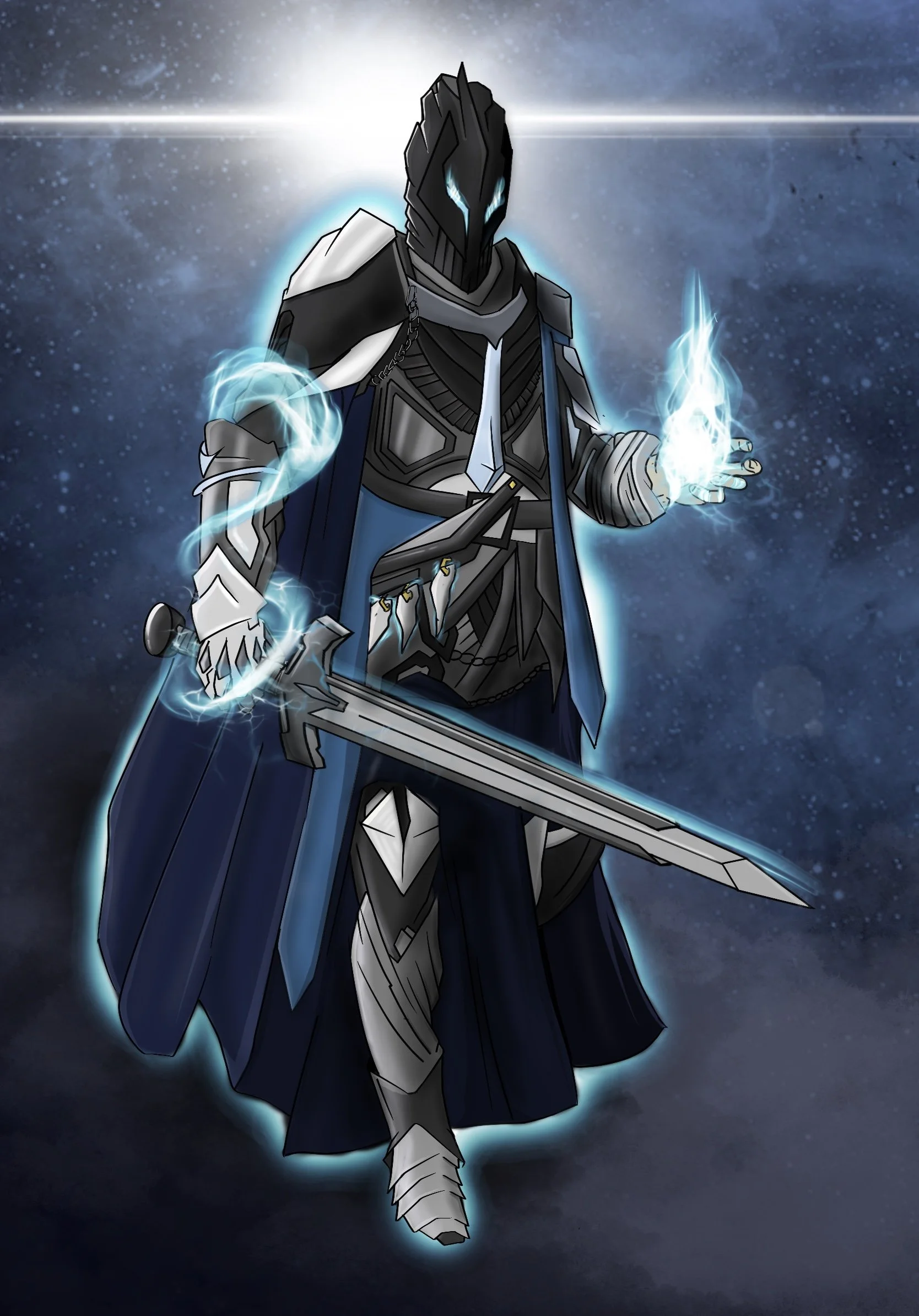 A fantasy warrior with a dark, armored, and futuristic appearance, holding a glowing sword and a magic flame, standing in a starry space background with a bright star or light source above.