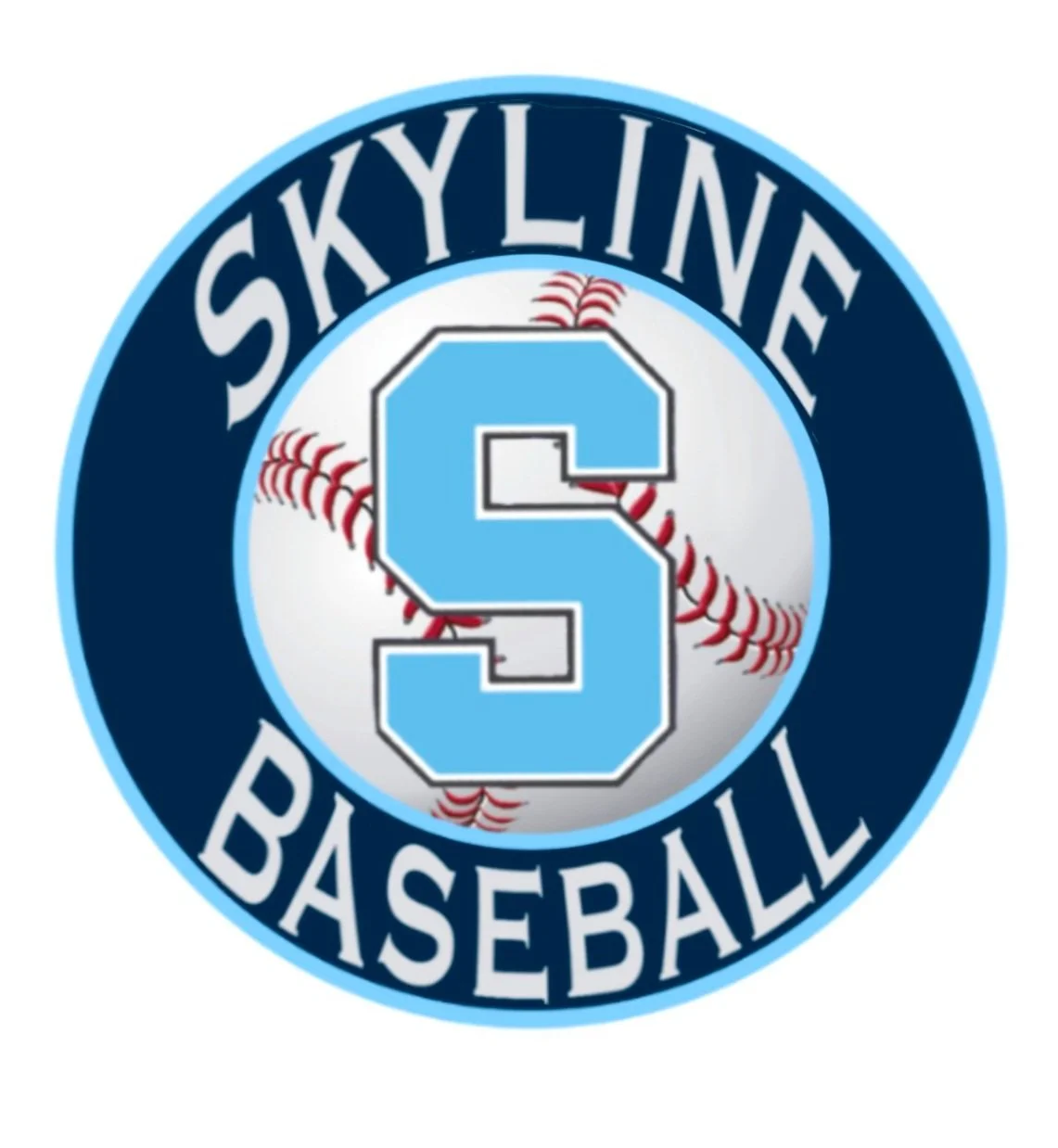 Skyline Baseball team logo featuring a large blue letter S on a baseball background, surrounded by a dark blue circle with the words "Skyline Baseball" in white.