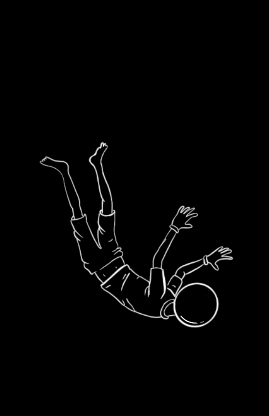 Silhouette of a person falling or floating in mid-air against a black background, drawn in white outline.