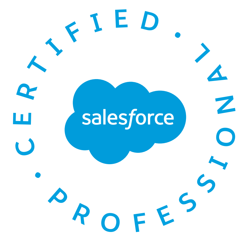 Salesforce certification badge with the words 'Certified Salesforce Professional' encircling the Salesforce cloud logo.