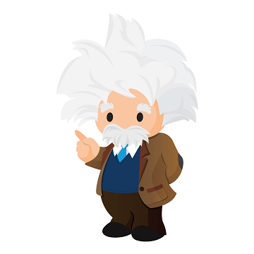 Cartoon depiction of Einstein, wearing a brown jacket and blue shirt, pointing with one finger.
