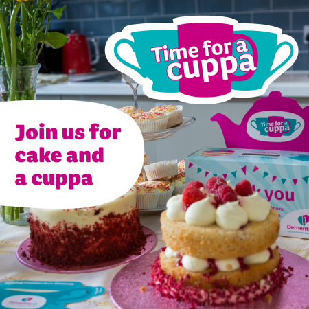Table with birthday cakes topped with berries and cream, a flyer reading 'Join us for cake and a cuppa', and a sign that says 'Time for a cuppa' with a tea pot and cup illustration.