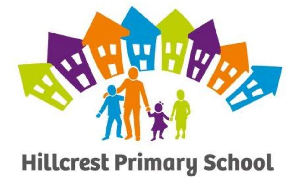 Logo for Hillcrest Primary School with colourful houses and children