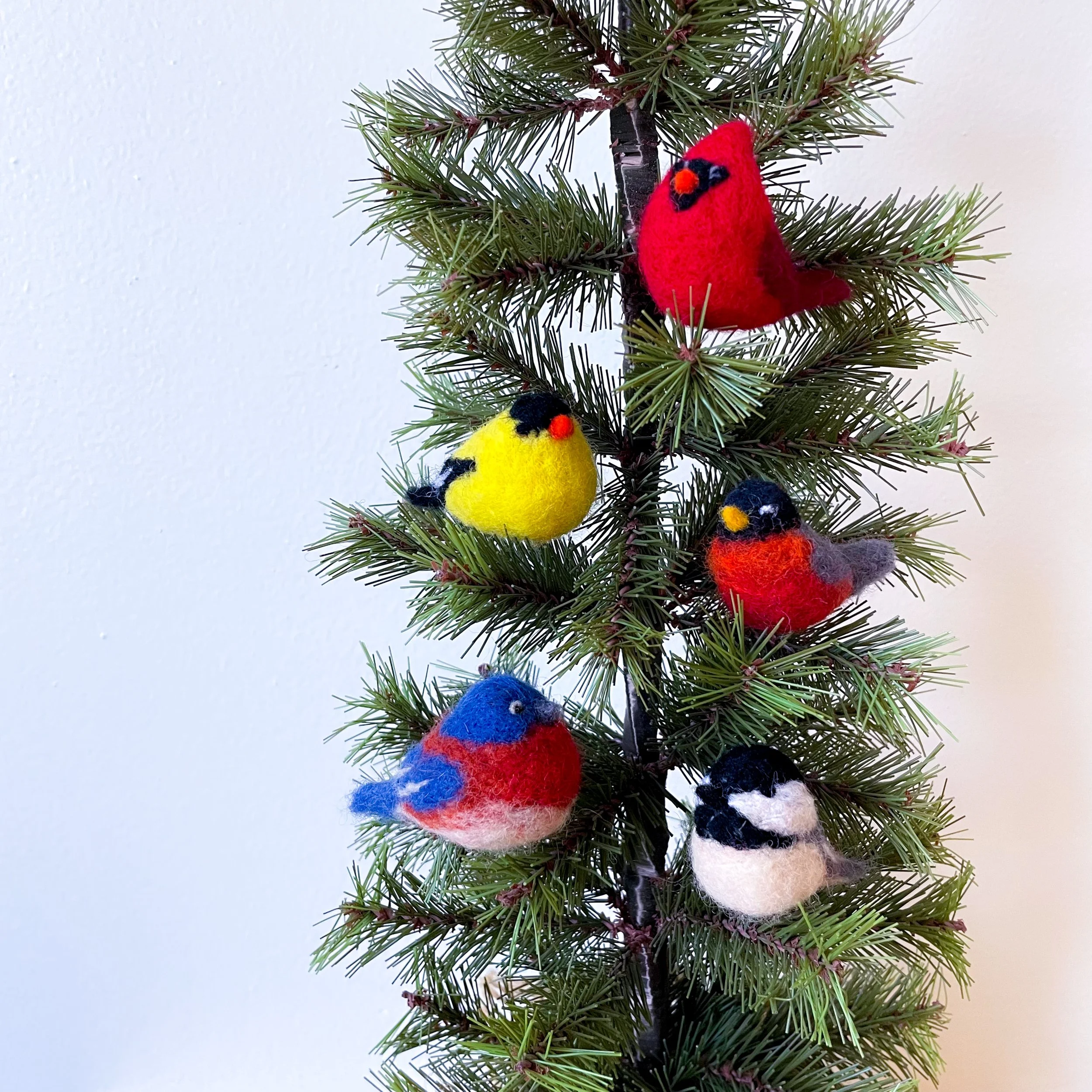 Colorful felted songbirds sit on pine tree greenery in front of a white wall.