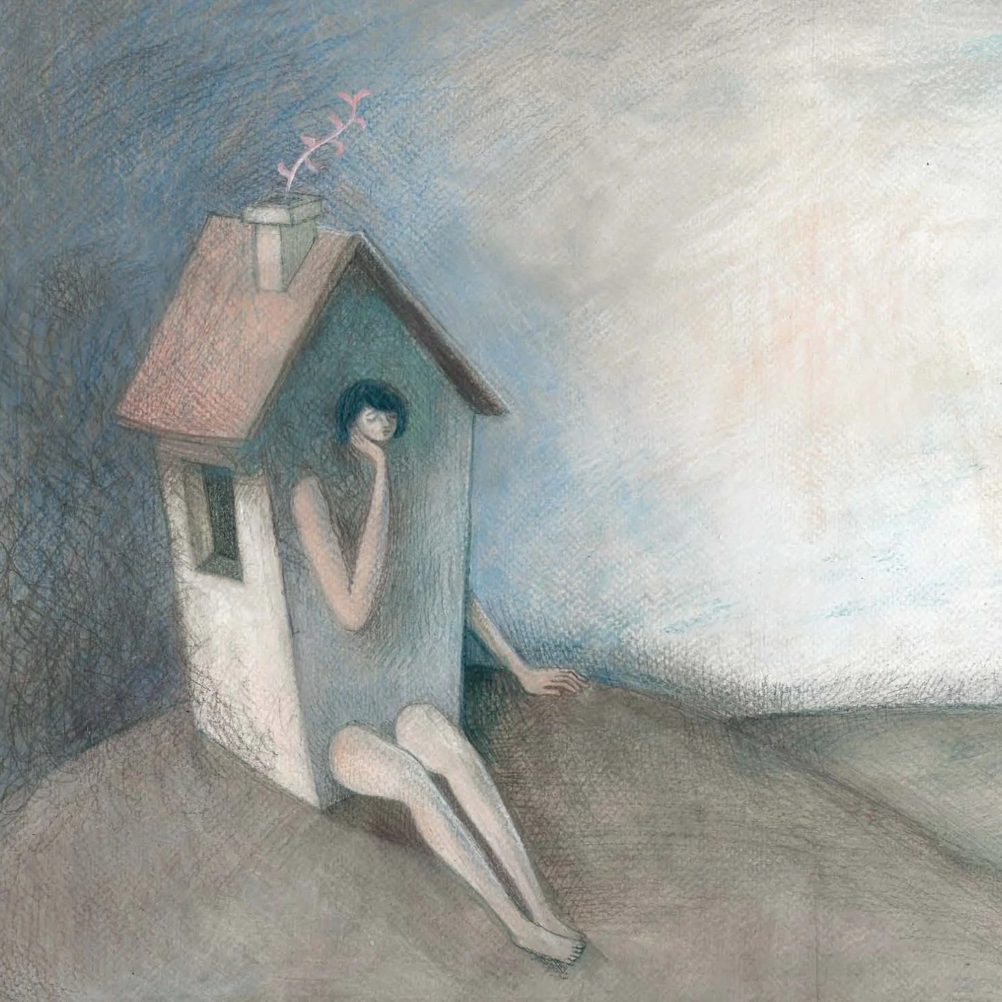 A girl with short dark hair sitting at the edge of a small house with a brown roof, with her chin resting on her hand, looking contemplative, with a cloudy sky in the background.