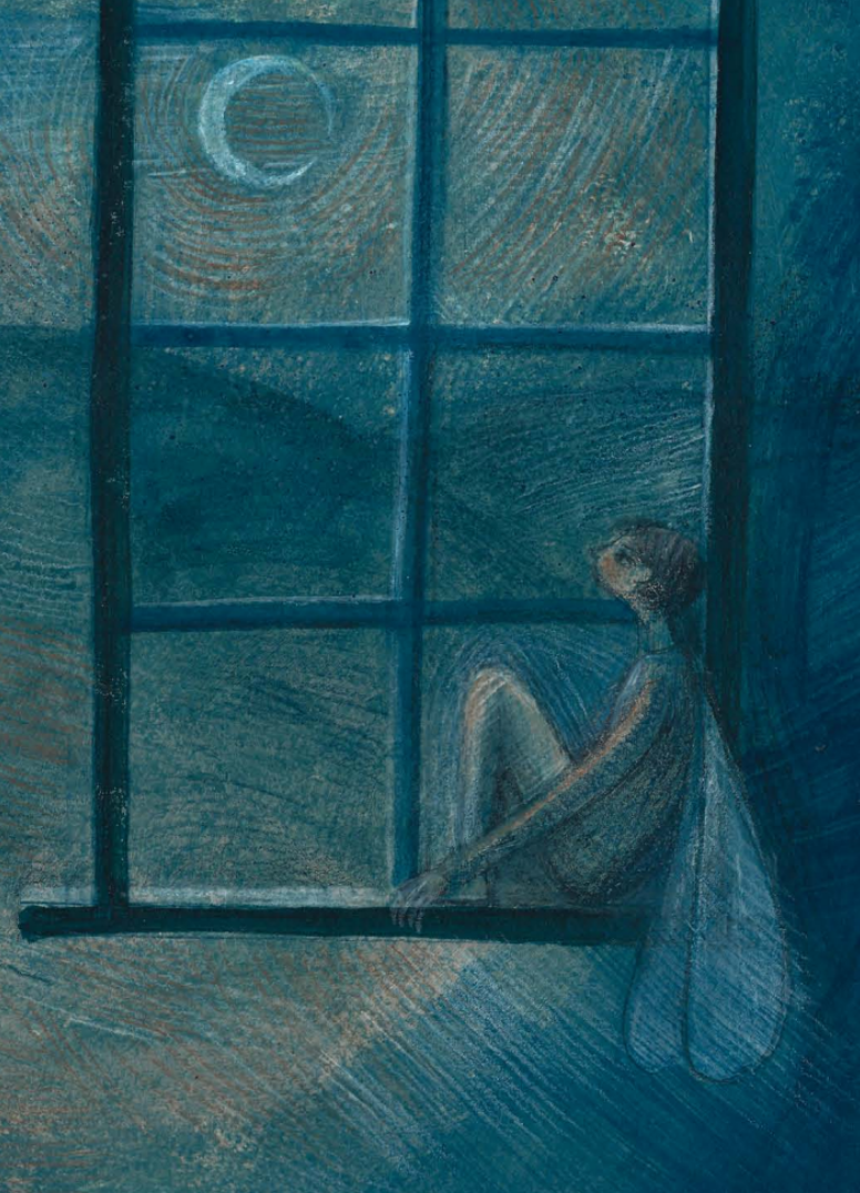 A young girl with short hair in a dress, sitting on the windowsill and looking out at the night sky with the moon visible.