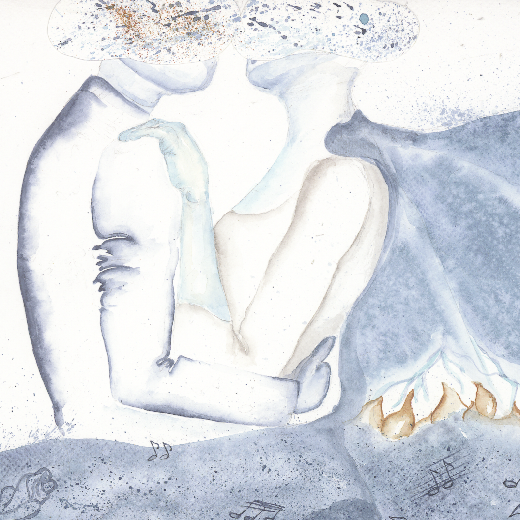 Watercolor painting of a person sitting with knees drawn up, their face and head replaced with a drum filled with colorful speckles, and musical notes scattered at the bottom.