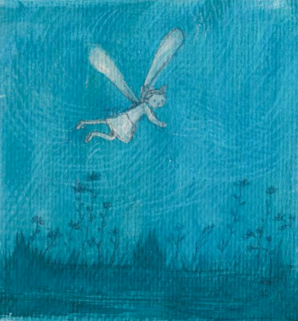 Child's drawing of a fairy with wings flying in blue sky surrounded by small flying insects.
