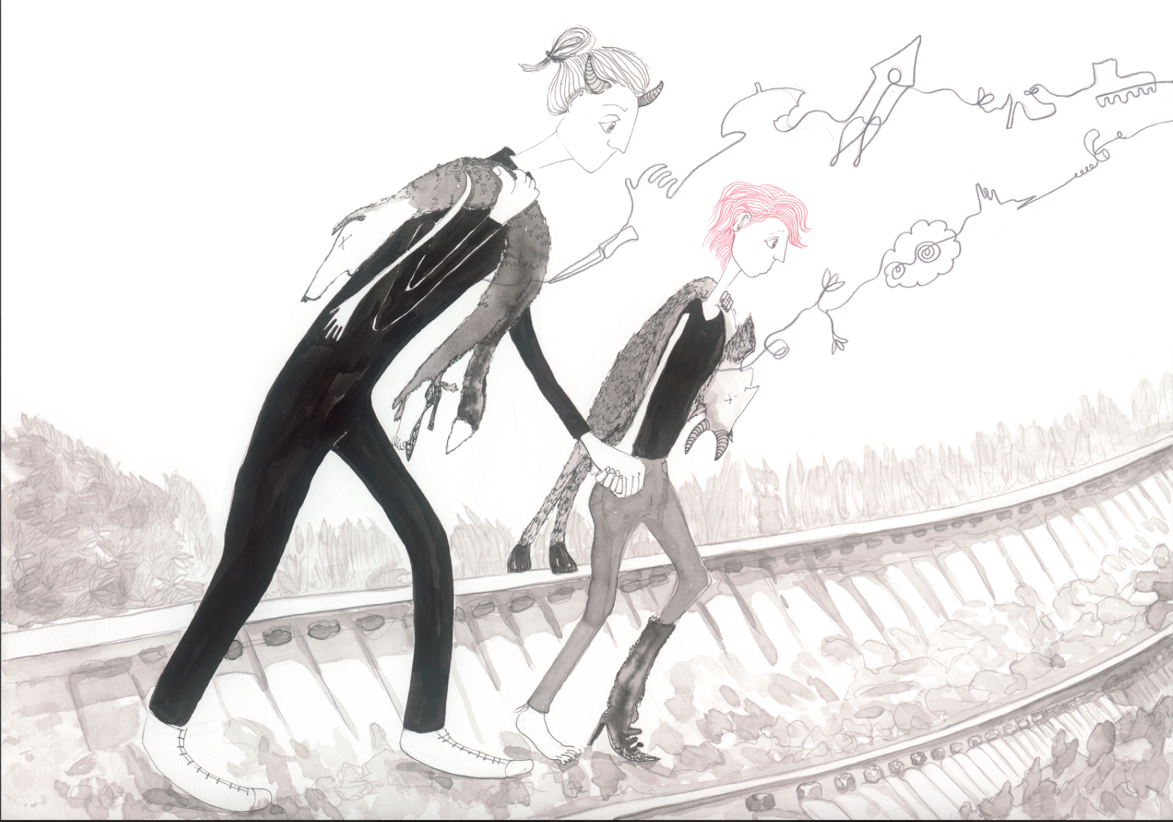 A stylized drawing of two people walking on a railway track, holding hands, with a dog. The background features a line of trees and equipment for a railroad track, with whimsical, drawn clouds, clouds, and a rocket.