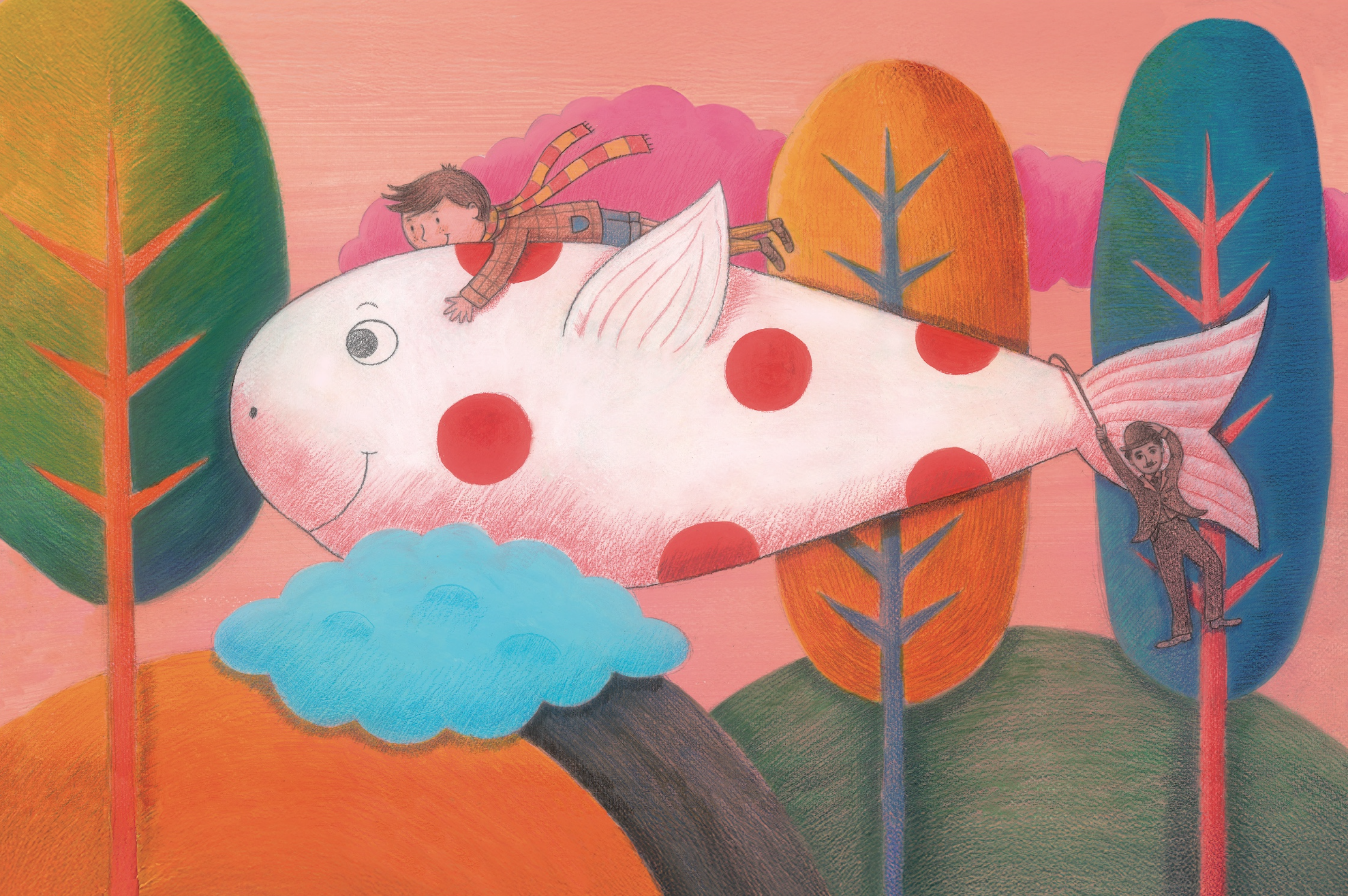 Child riding on a large pink and white polka-dotted fish flying through a colorful forest with trees in green, orange, and blue, against a pink sky.