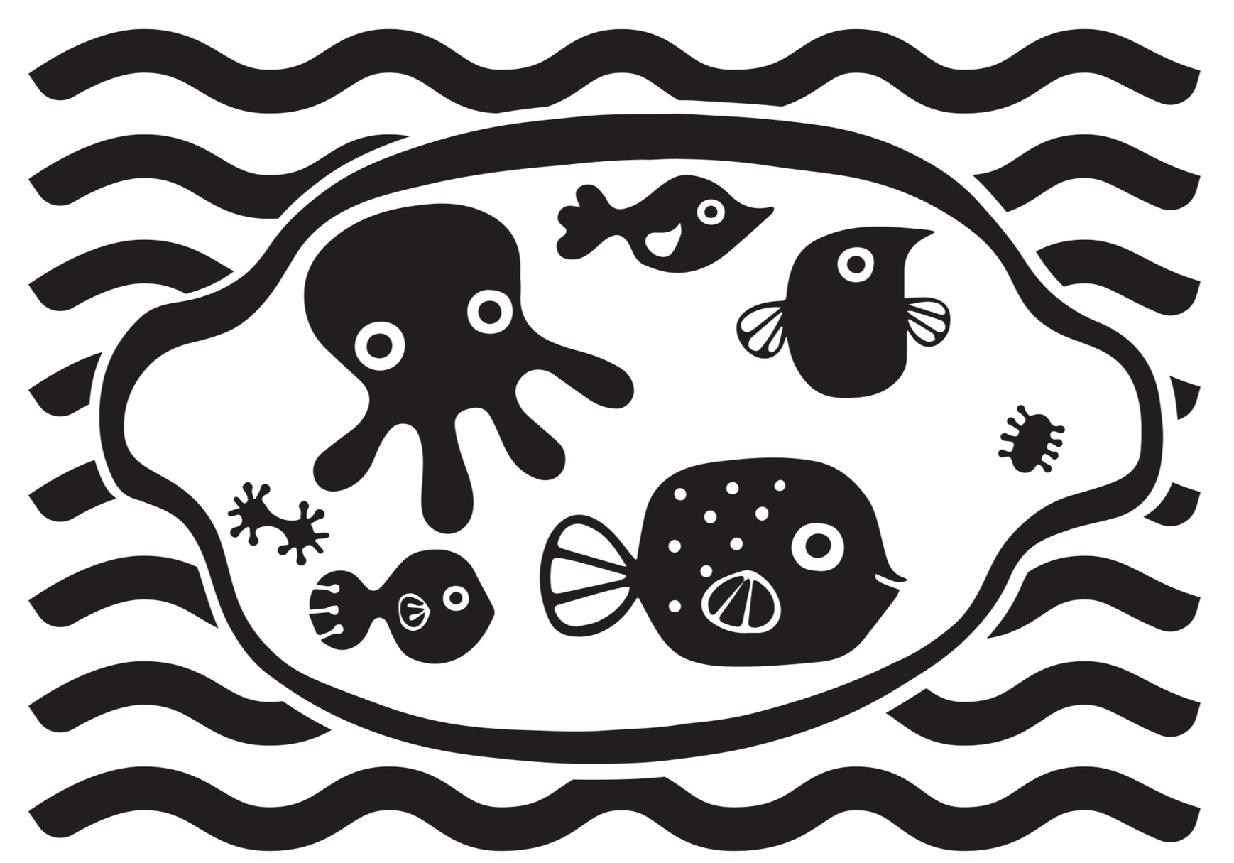 Black and white illustration of various sea creatures, including an octopus, fish, and a crab, swimming in water with wavy lines at the top and bottom.