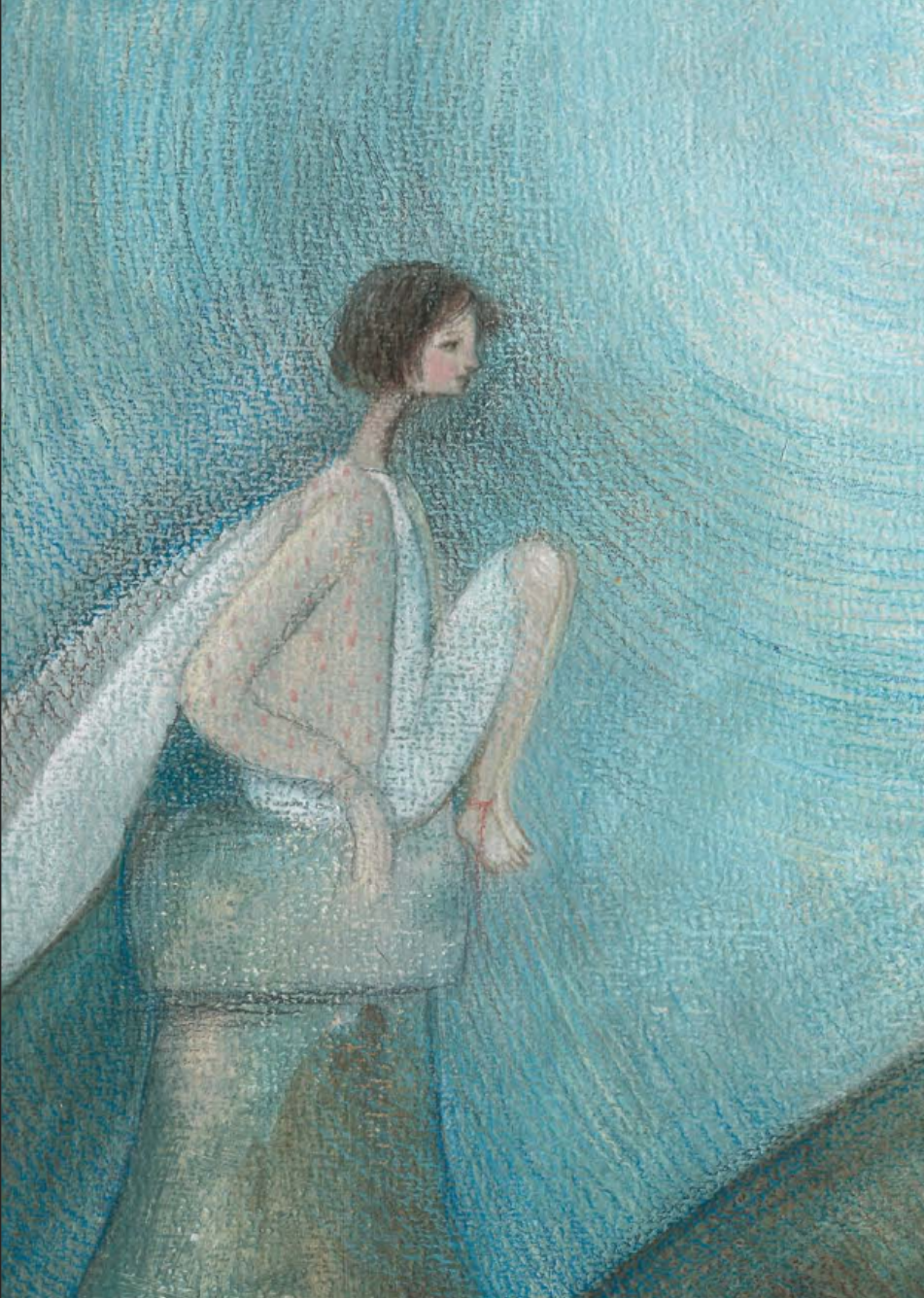A woman with short brown hair sitting on a bathtub ledge with her legs crossed, gazing thoughtfully to the right against a blue background.