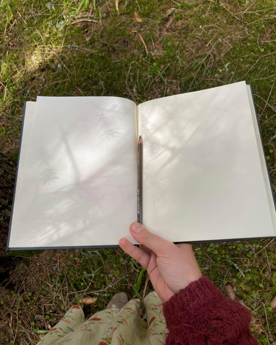 Person holding an open blank notebook with a pencil inside in a natural outdoor setting with grass and foliage.
