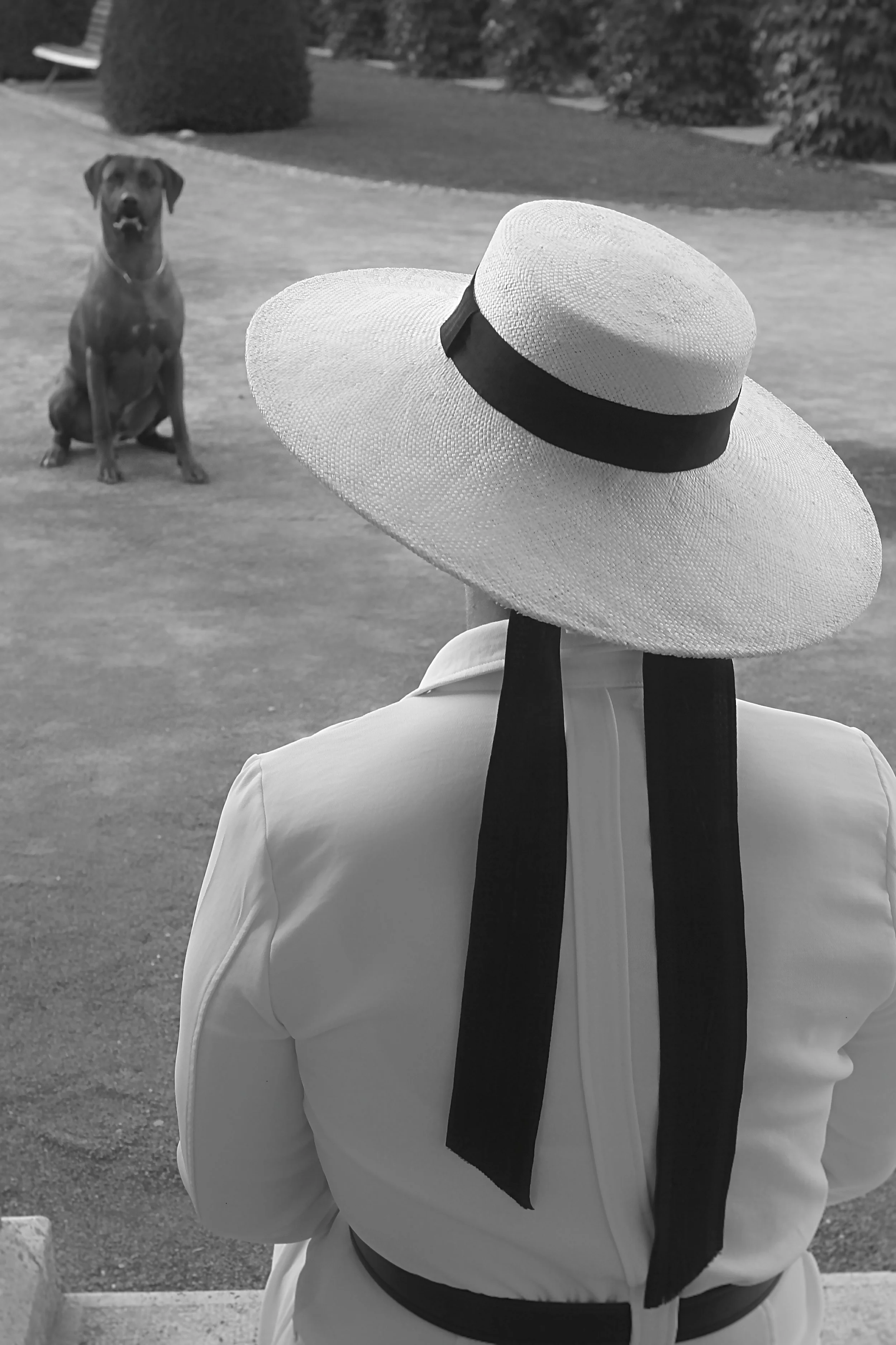 A woman dressed in white with a wide-brimmed hat with a black ribbon, sitting outdoors, looking at a dog sitting on the ground in front of her. The scene is in black and white.