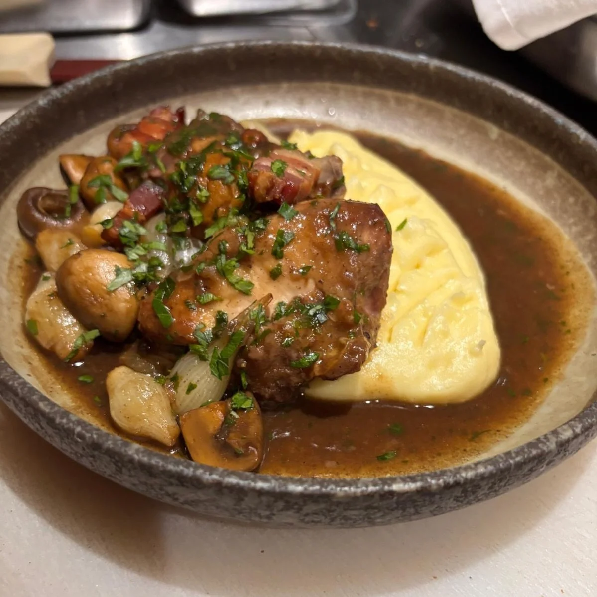 It&rsquo;s cold outside.
Inside: coq au vin.

A few portions on this evening to warm you up &mdash; very Paris, very comforting.

#coqauvin #glasgowfood #winebar #winecellar