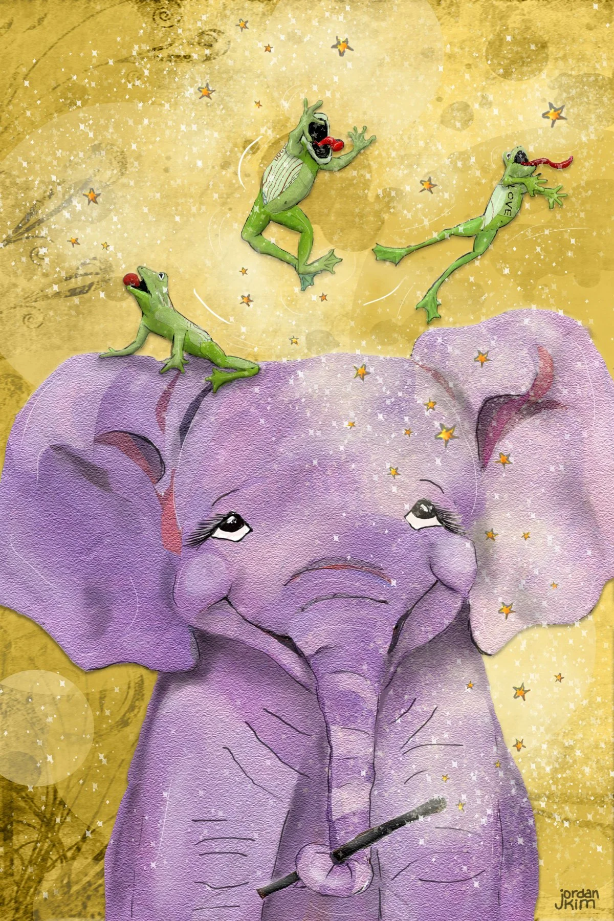 Each Conscious Care Card has a beautiful and fun illustration to draw your child in. This one is 3 frogs jumping playfully over a friendly elephants head.