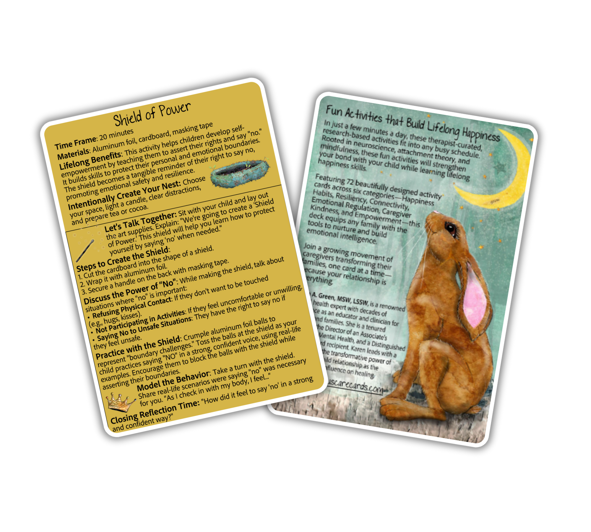 Images of an example of a Conscious Care Cards activity and the back of the product's box.