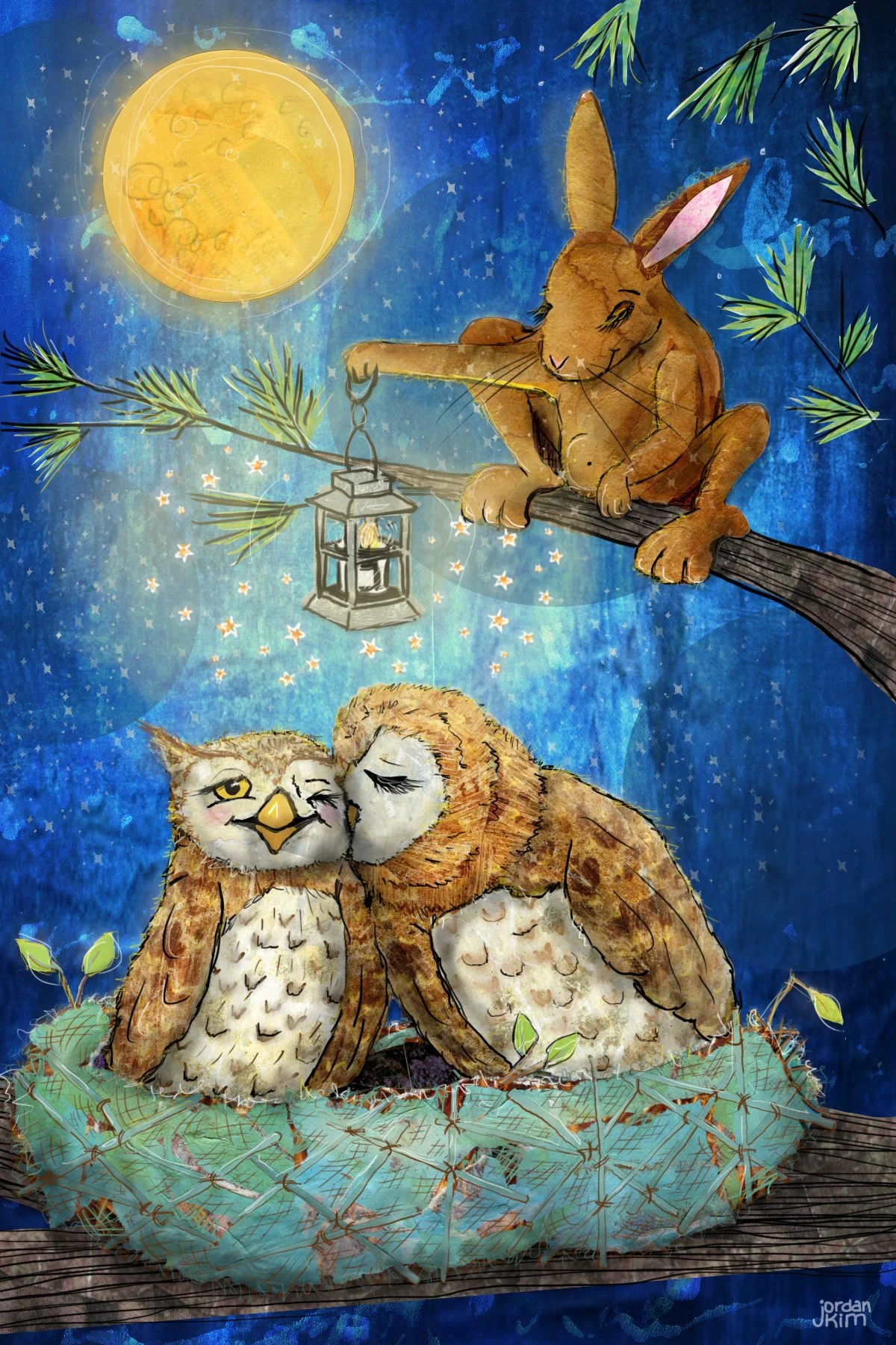 Each Conscious Care Card has a beautiful and fun illustration to draw your child in. This one is a rabbit on a tree branch holding a lantern over a parent owl and child owl in the moonlight.