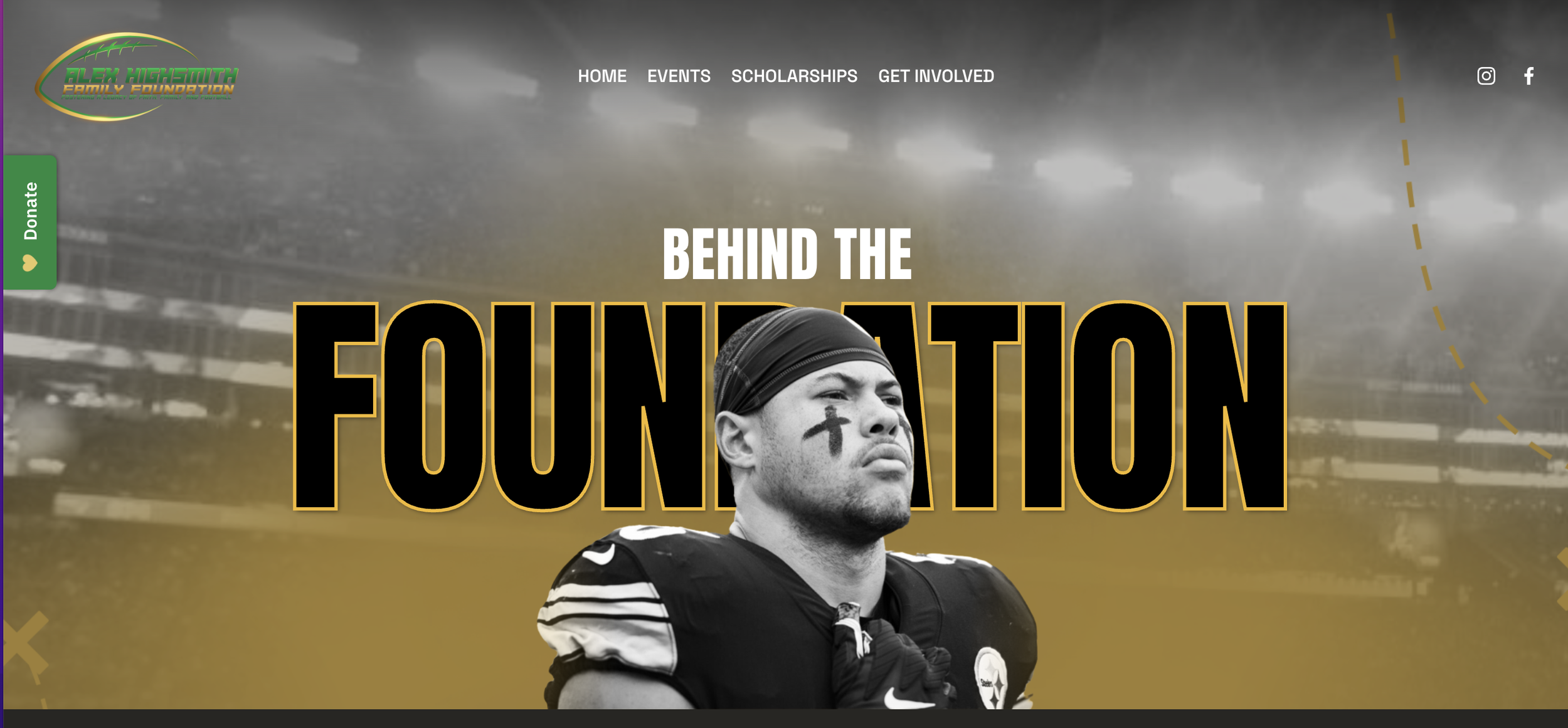 Black and white photo of a football player with a black headband and a cross painted under his eye, standing on a football field with stadium lights in the background. The webpage has the logo for Alex Highsmith Family Foundation and navigation links at the top.