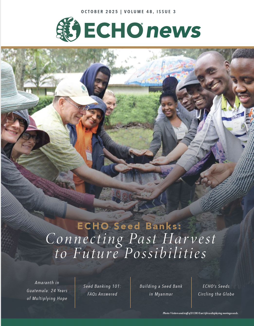 Cover image of ECHO news magazine featuring people from diverse backgrounds playing in a garden, holding seeds together, with a headline about seed banks and connecting past harvests to future possibilities.