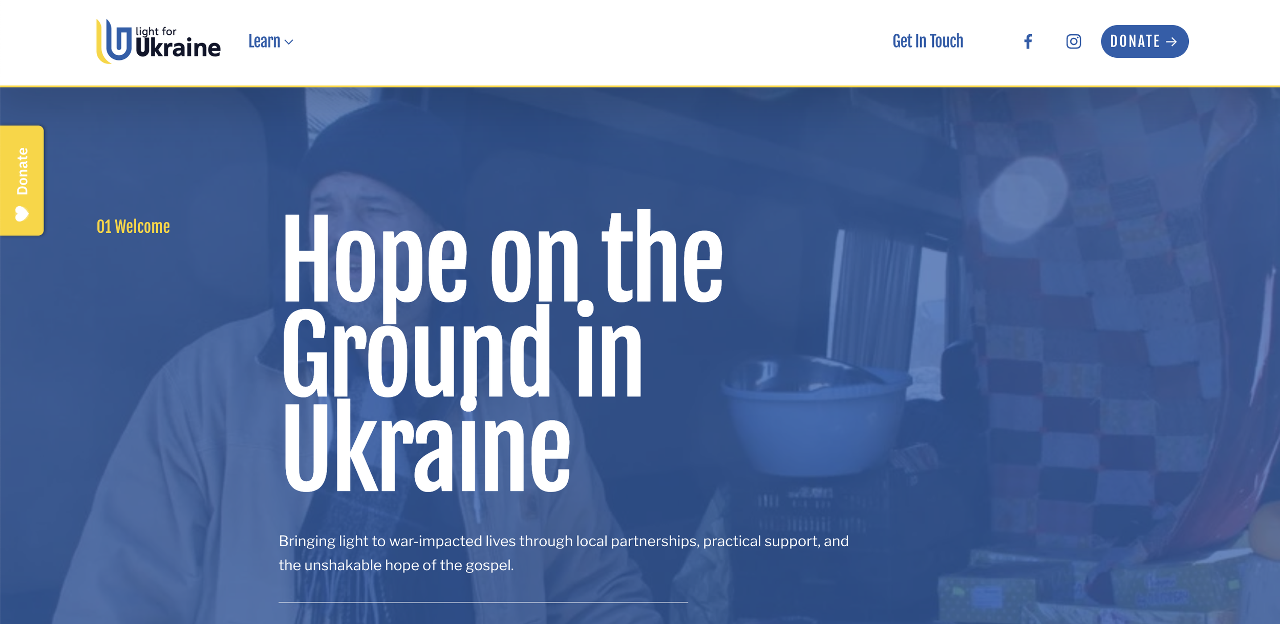 Website homepage for Light for Ukraine with the slogan 'Hope on the Ground in Ukraine' and navigation options including learn, get in touch, social media icons, and a donate button.