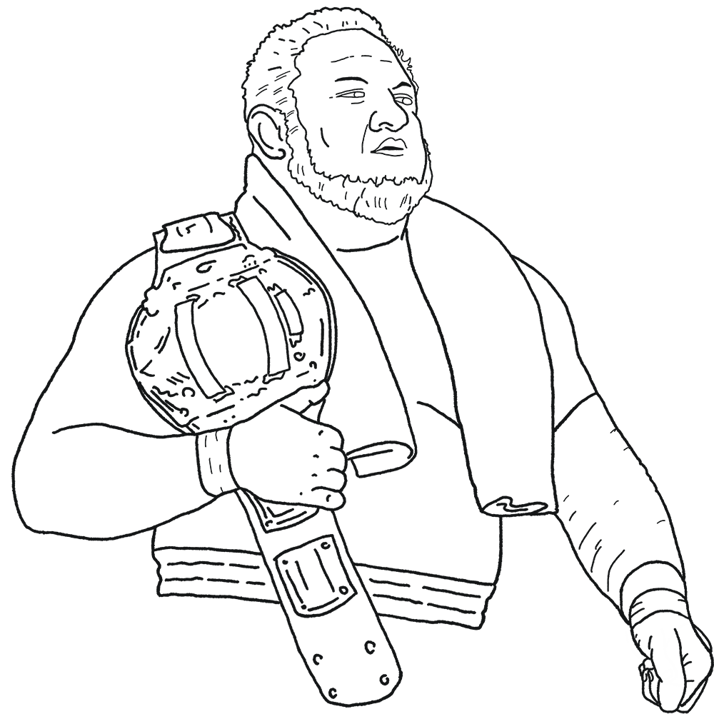 Outline drawing of a man with a beard holding a wrestling championship belt over his shoulder, facing slightly to the right.
