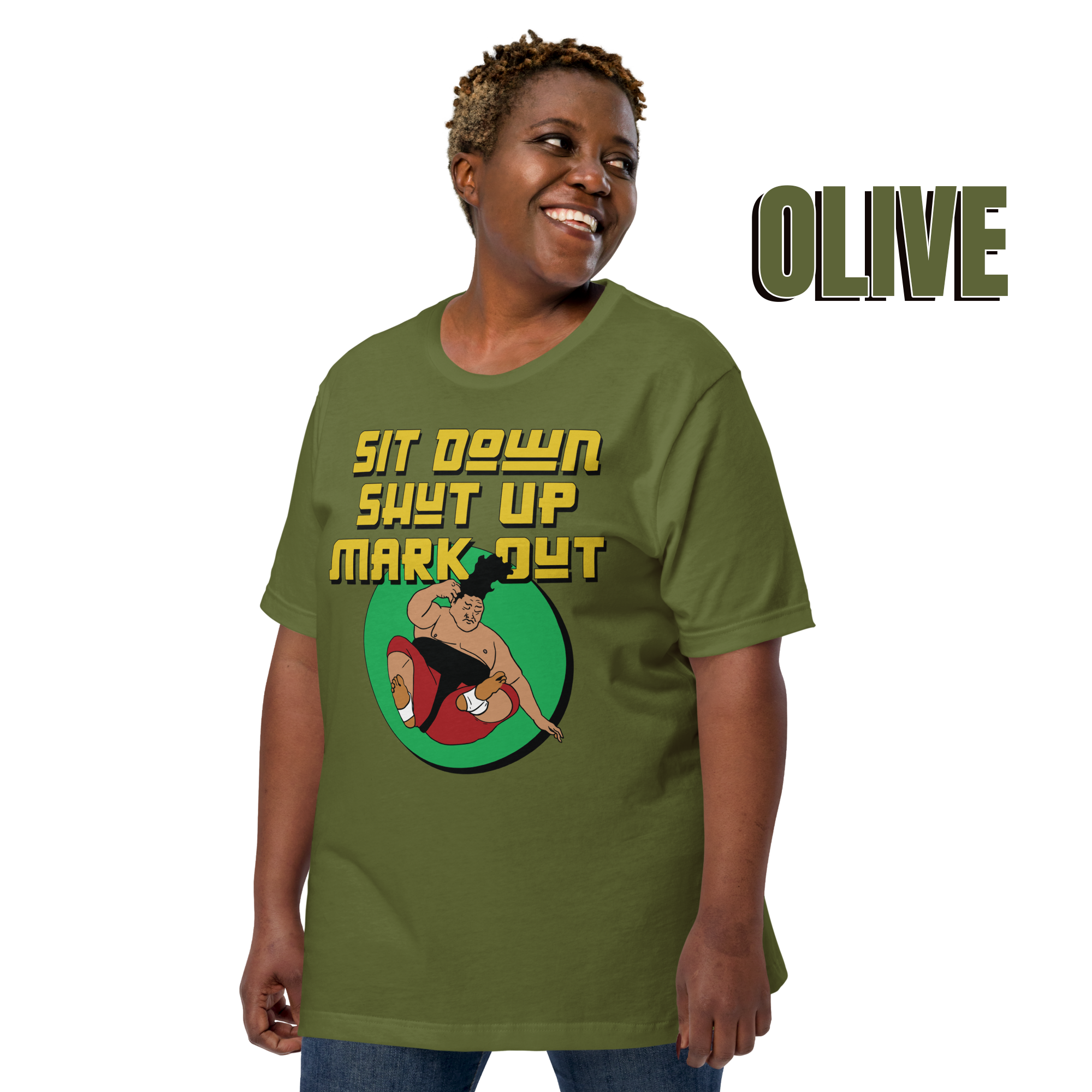 Sit Down Shut Up Mark Out unisex wrestling t-shirt in multiple colors, soft stretch fabric, pro wrestling fan apparel