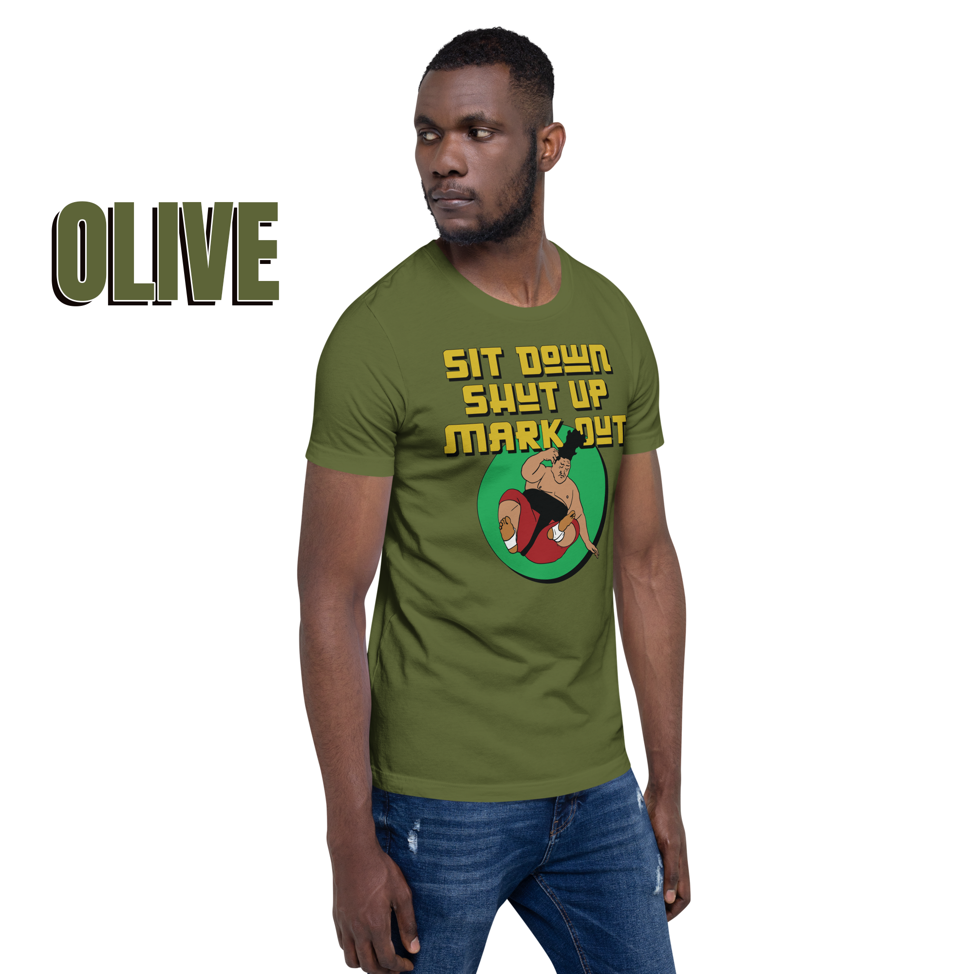 Sit Down Shut Up Mark Out unisex wrestling t-shirt in multiple colors, soft stretch fabric, pro wrestling fan apparel