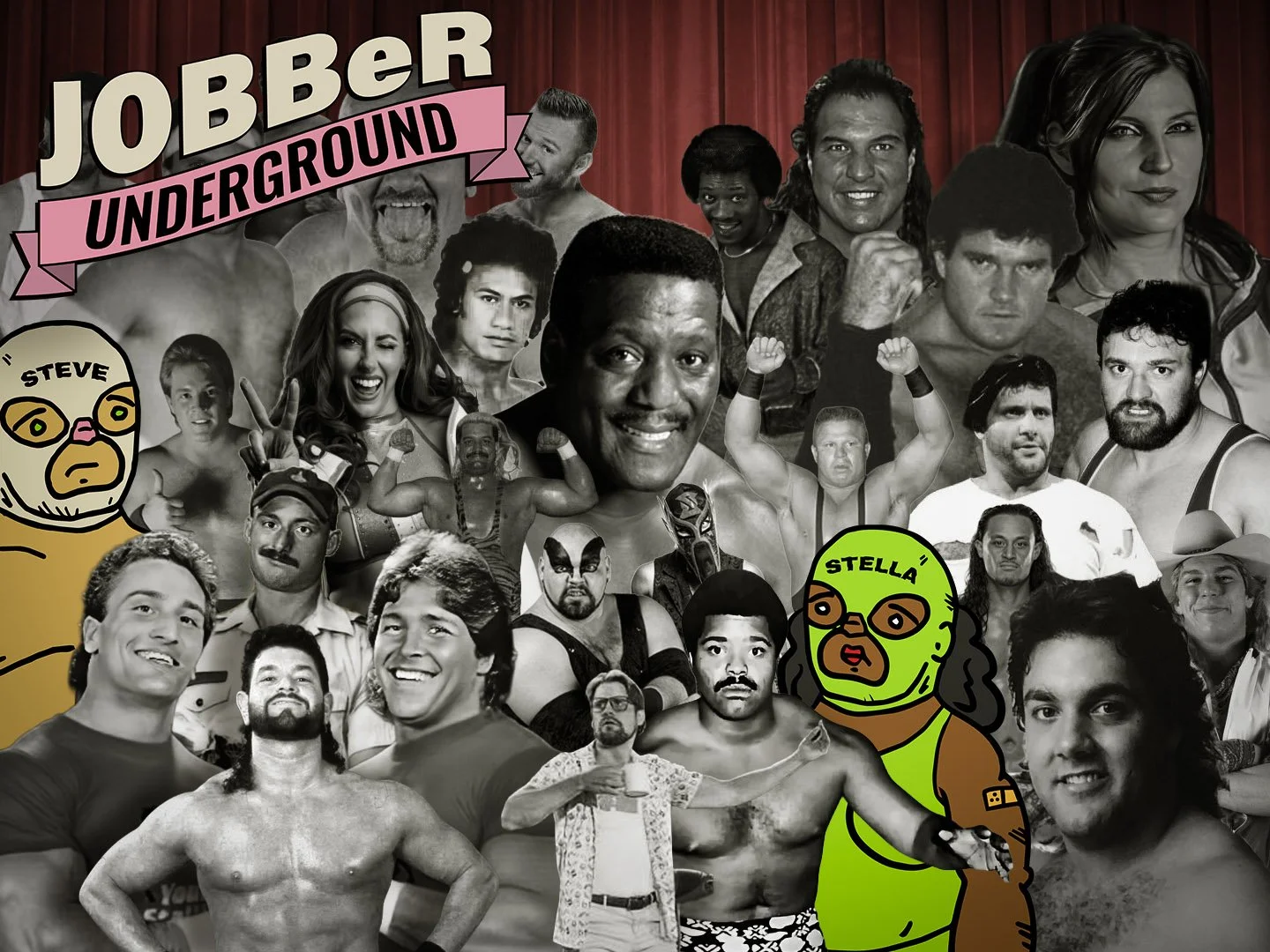Graphic image with more than a dozen historically memorable wrestling enhancement talents with a Jobber Underground logo over the top left corner