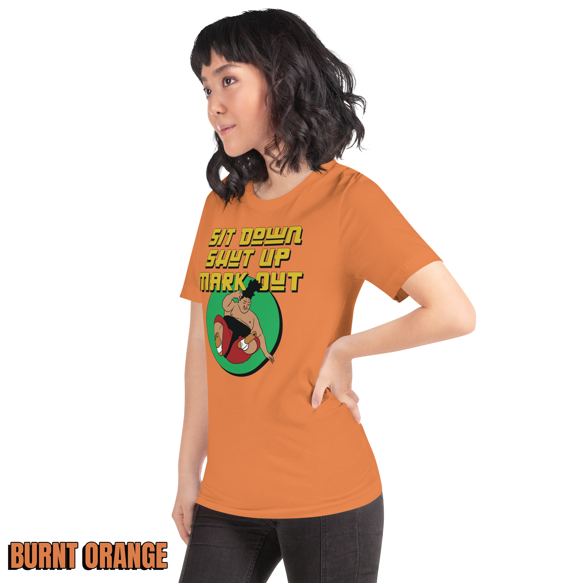 Sit Down Shut Up Mark Out unisex wrestling t-shirt in multiple colors, soft stretch fabric, pro wrestling fan apparel