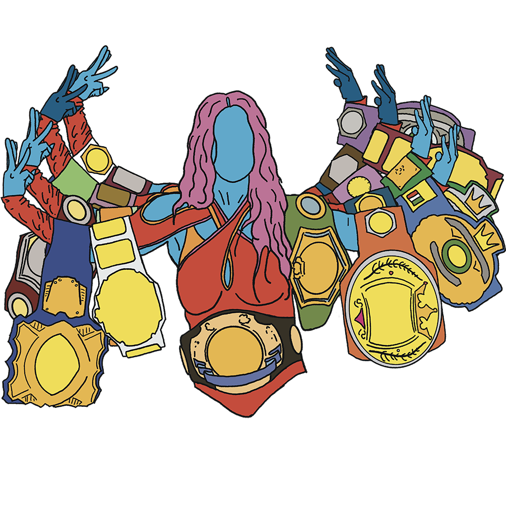 Illustration of a faceless woman with long pink hair, wearing a red and orange dress, surrounded by various decorated watch faces and gears.
