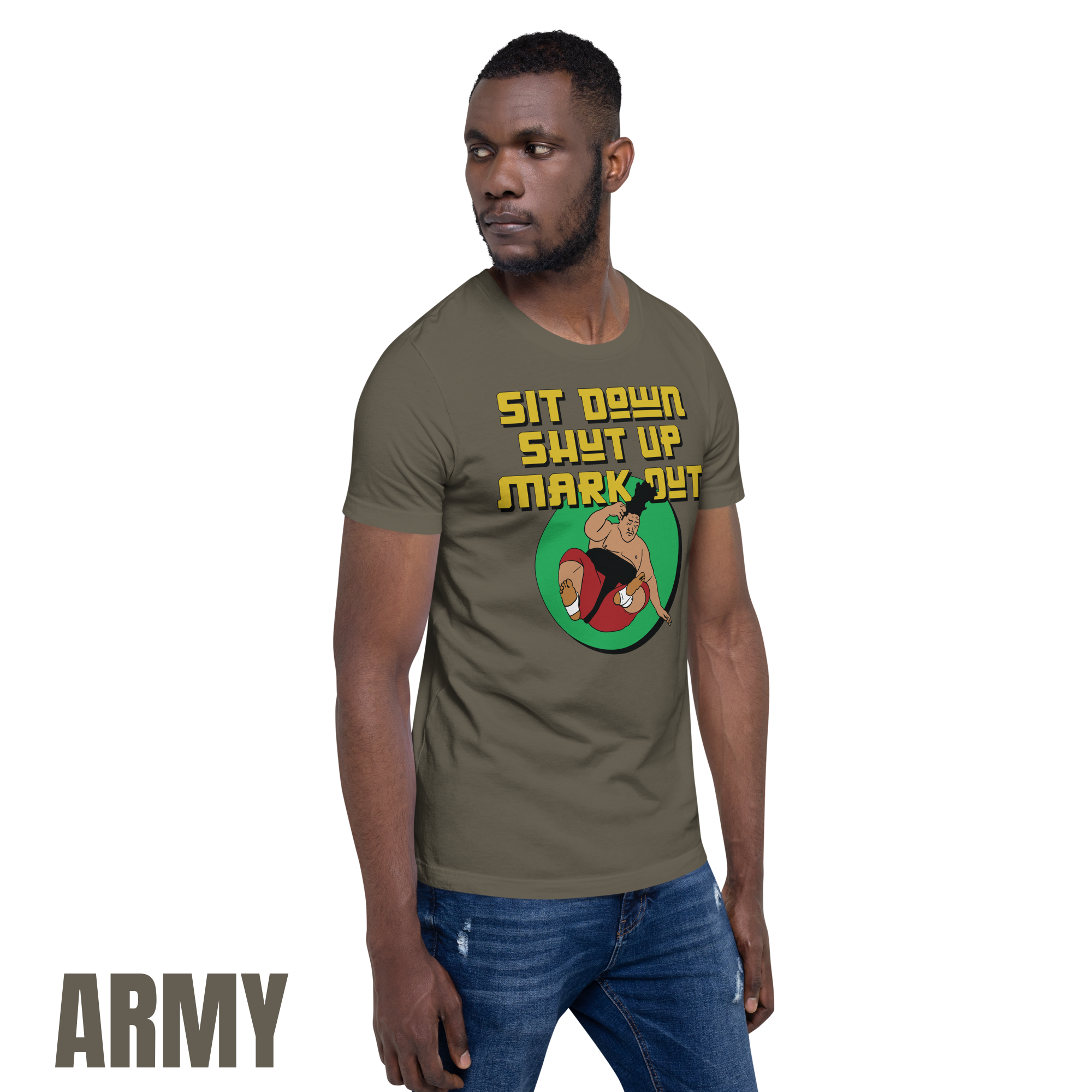 Sit Down Shut Up Mark Out unisex wrestling t-shirt in multiple colors, soft stretch fabric, pro wrestling fan apparel