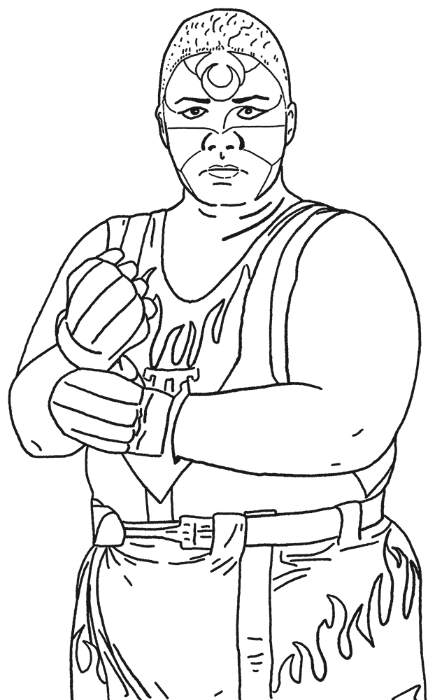 Line drawing of a person wearing a headband with a jewel, holding a dagger in one hand and a scroll in the other, dressed in a tank top and pants with flame patterns.