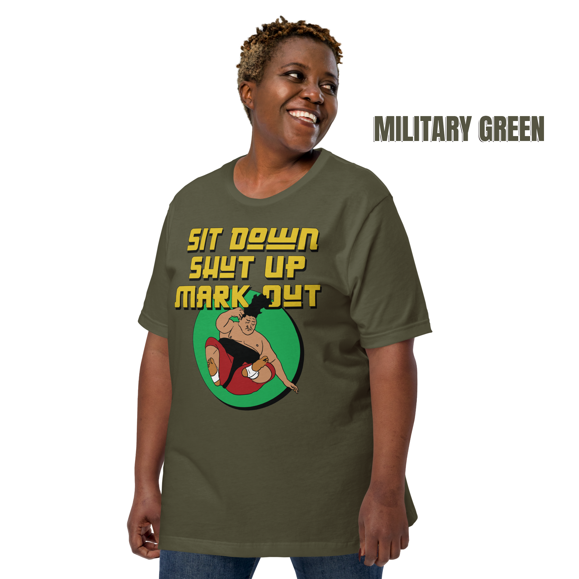 Sit Down Shut Up Mark Out unisex wrestling t-shirt in multiple colors, soft stretch fabric, pro wrestling fan apparel