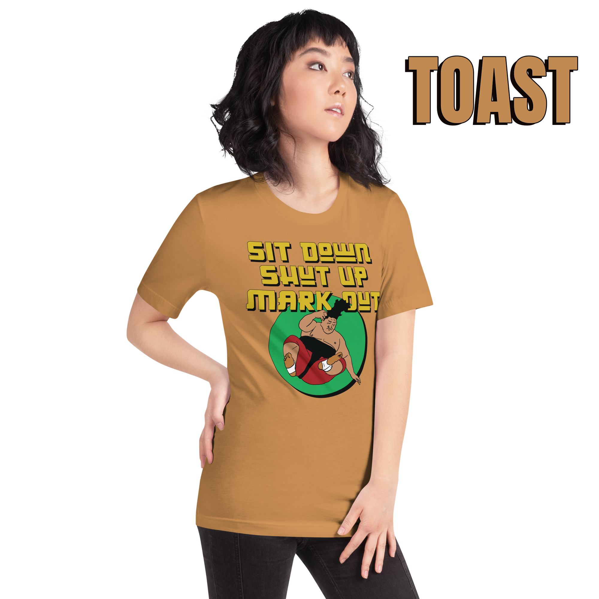 Sit Down Shut Up Mark Out unisex wrestling t-shirt in multiple colors, soft stretch fabric, pro wrestling fan apparel