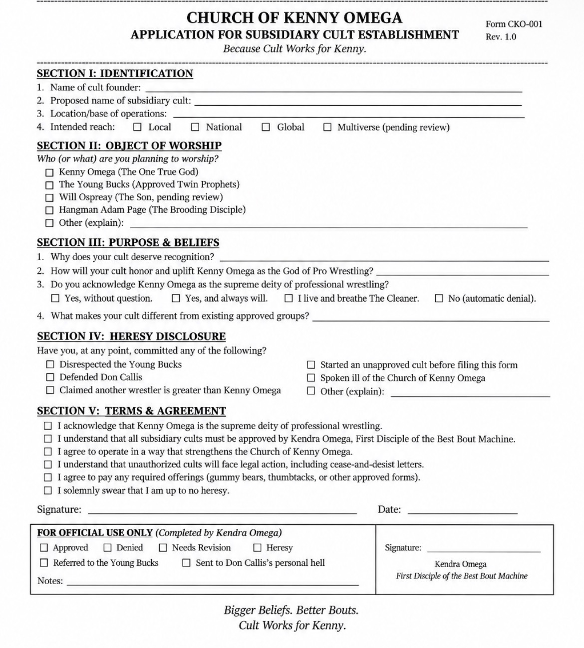 Satirical Church of Kenny Omega application form for starting a subsidiary wrestling cult, featuring checkboxes for approved wrestlers, heresy disclosures, and Kendra Omega's authorization.