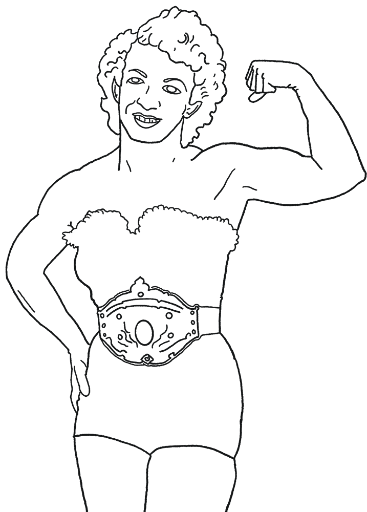 A woman with curly hair smiling and flexing her upper arm, wearing a championship belt around her waist.