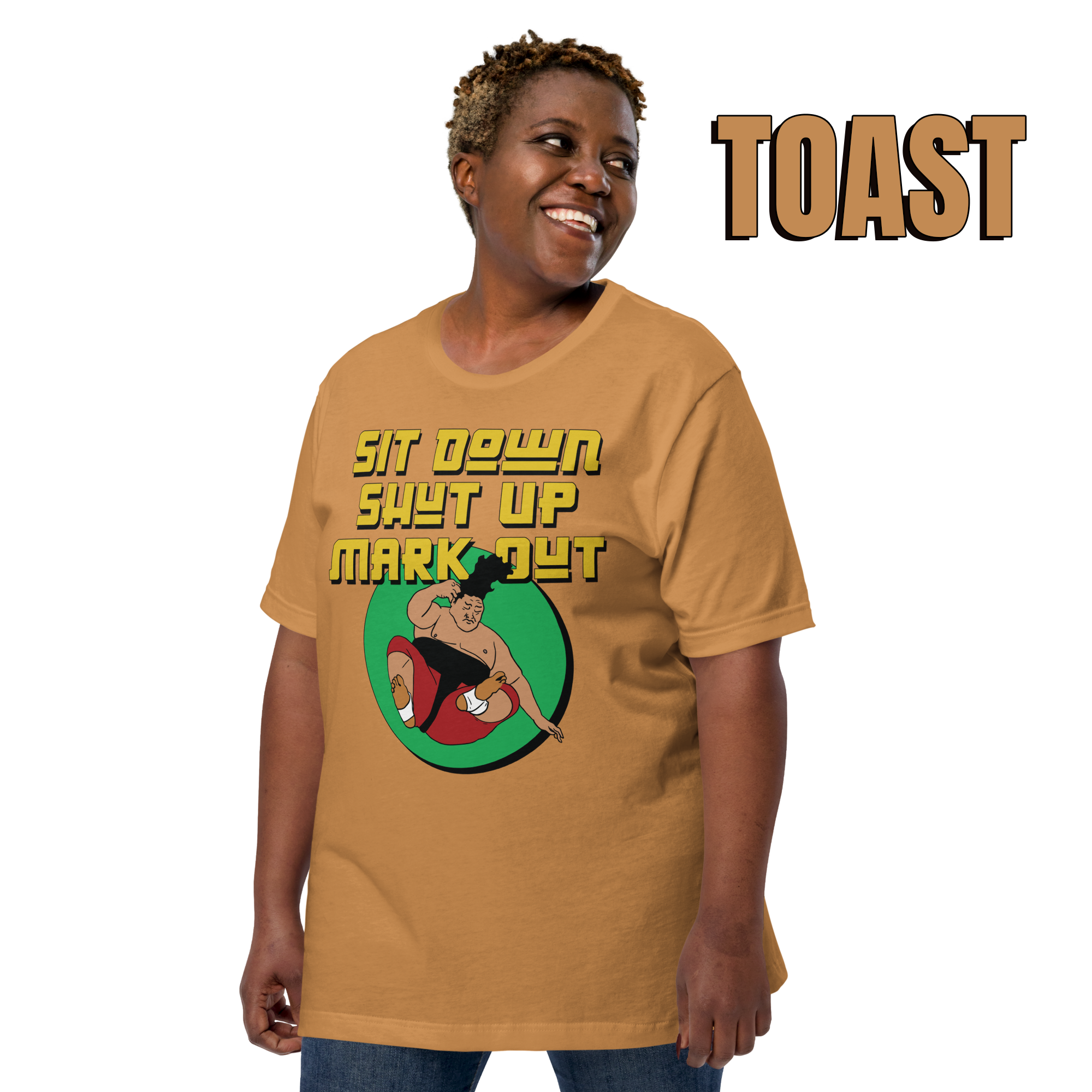 Sit Down Shut Up Mark Out unisex wrestling t-shirt in multiple colors, soft stretch fabric, pro wrestling fan apparel