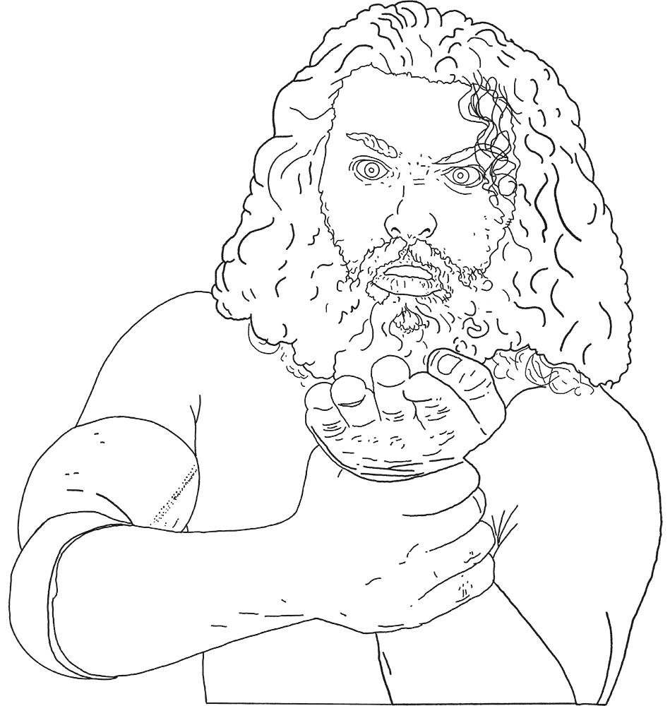 Line drawing of a person with long curly hair and a beard, holding their hand up to their mouth as if whispering.