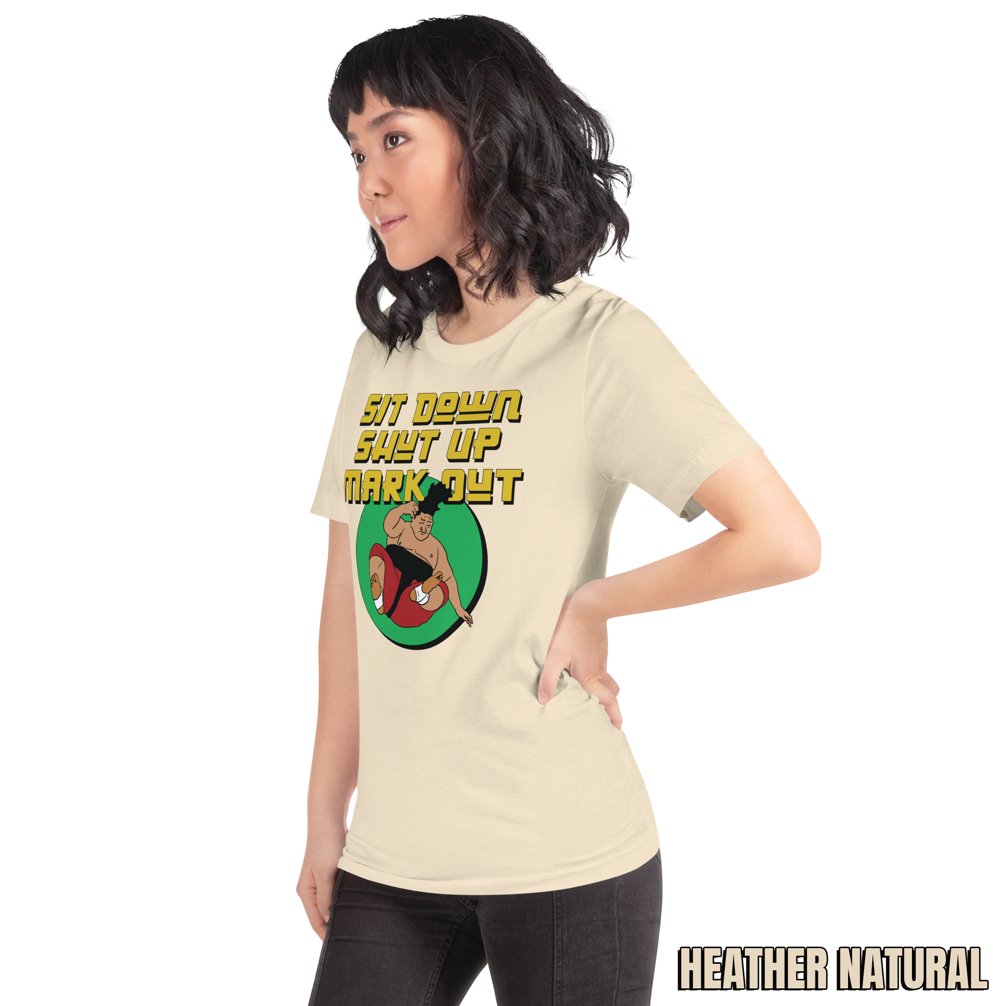 Sit Down Shut Up Mark Out unisex wrestling t-shirt in multiple colors, soft stretch fabric, pro wrestling fan apparel
