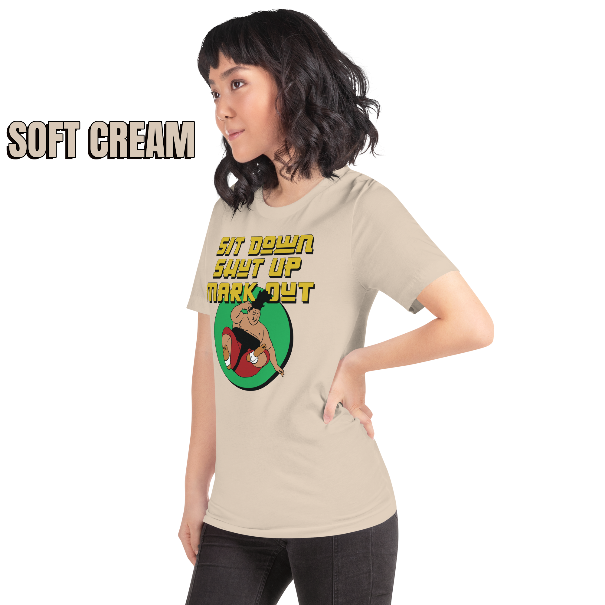 Sit Down Shut Up Mark Out unisex wrestling t-shirt in multiple colors, soft stretch fabric, pro wrestling fan apparel