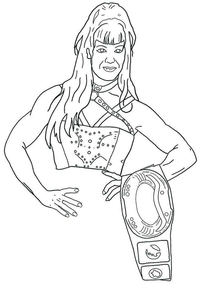 Outline drawing of a woman with long hair, smiling, wearing a belt and accessories, with her hands on her hips, holding a championship belt.