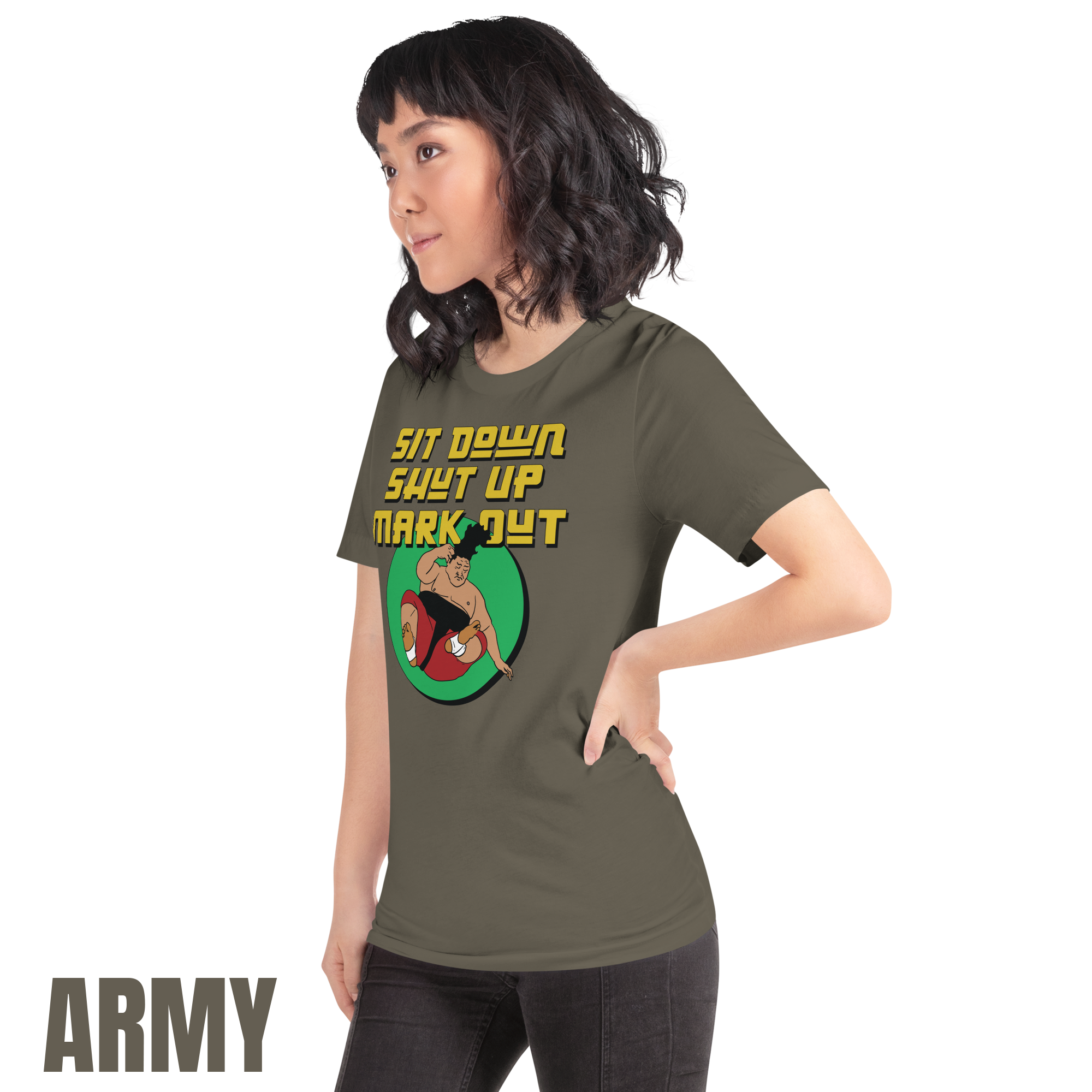 Sit Down Shut Up Mark Out unisex wrestling t-shirt in multiple colors, soft stretch fabric, pro wrestling fan apparel