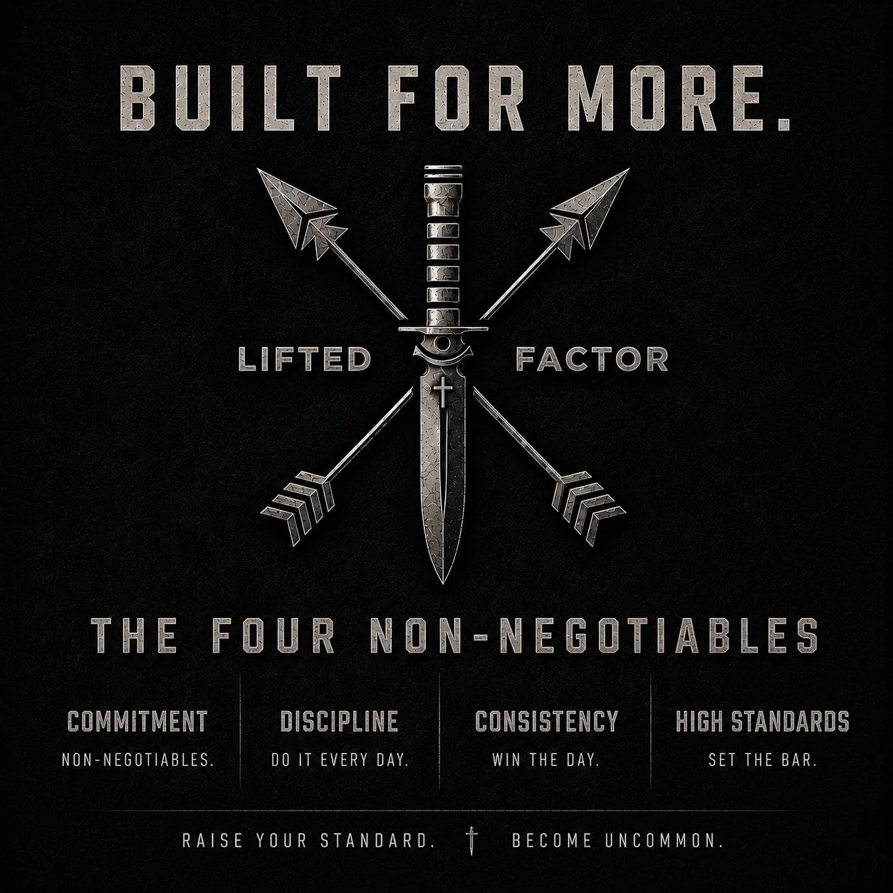 An image with a dark background featuring a sword at the center with four arrows pointing outward, and the words 'Built for More.' at the top. The sword is labeled as the 'Lifted Factor.' Surrounding text describes four non-negotiables: Commitment, D