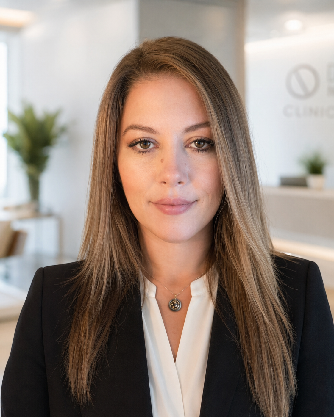 A professional woman with long light brown hair wearing a black blazer, white blouse, and a pendant necklace, standing in an office or clinic lobby with plants and a glass wall in the background.