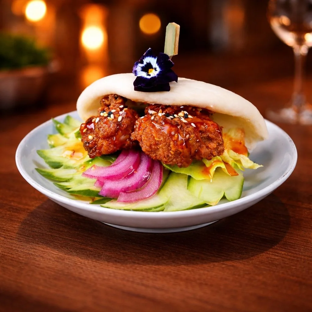 Steamed bao bun with a crispy glazed filling, salad and pickled vegetables.