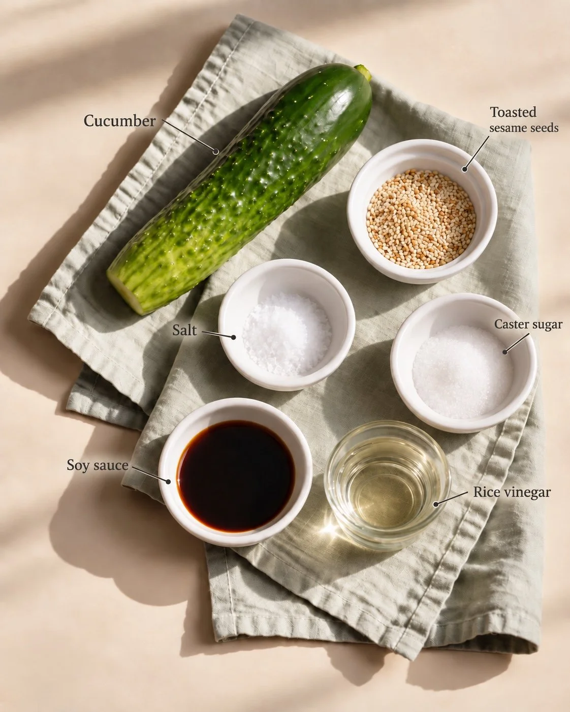 Sunomono ingredients: cucumber, toasted sesame seeds, salt, caster sugar, soy sauce and rice vinegar on sage linen.
