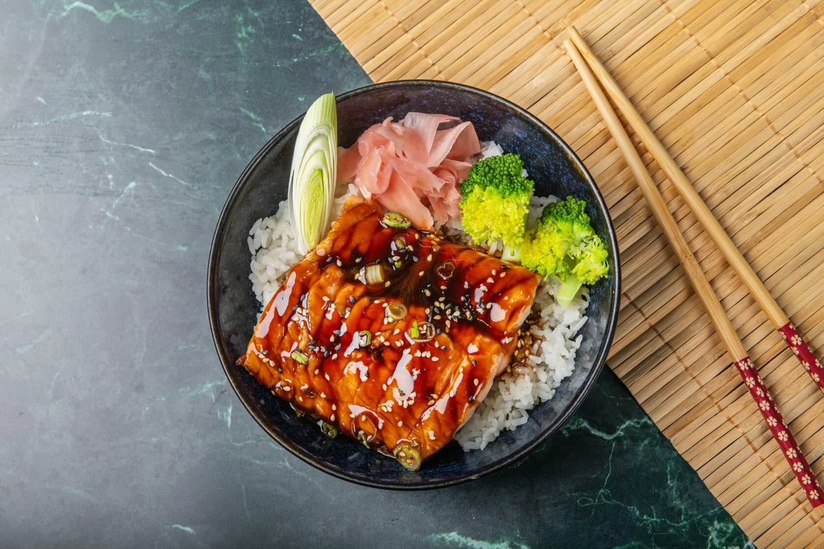 Teriyaki rice bowl with broccoli and pickled ginger at Sushi & Salad.